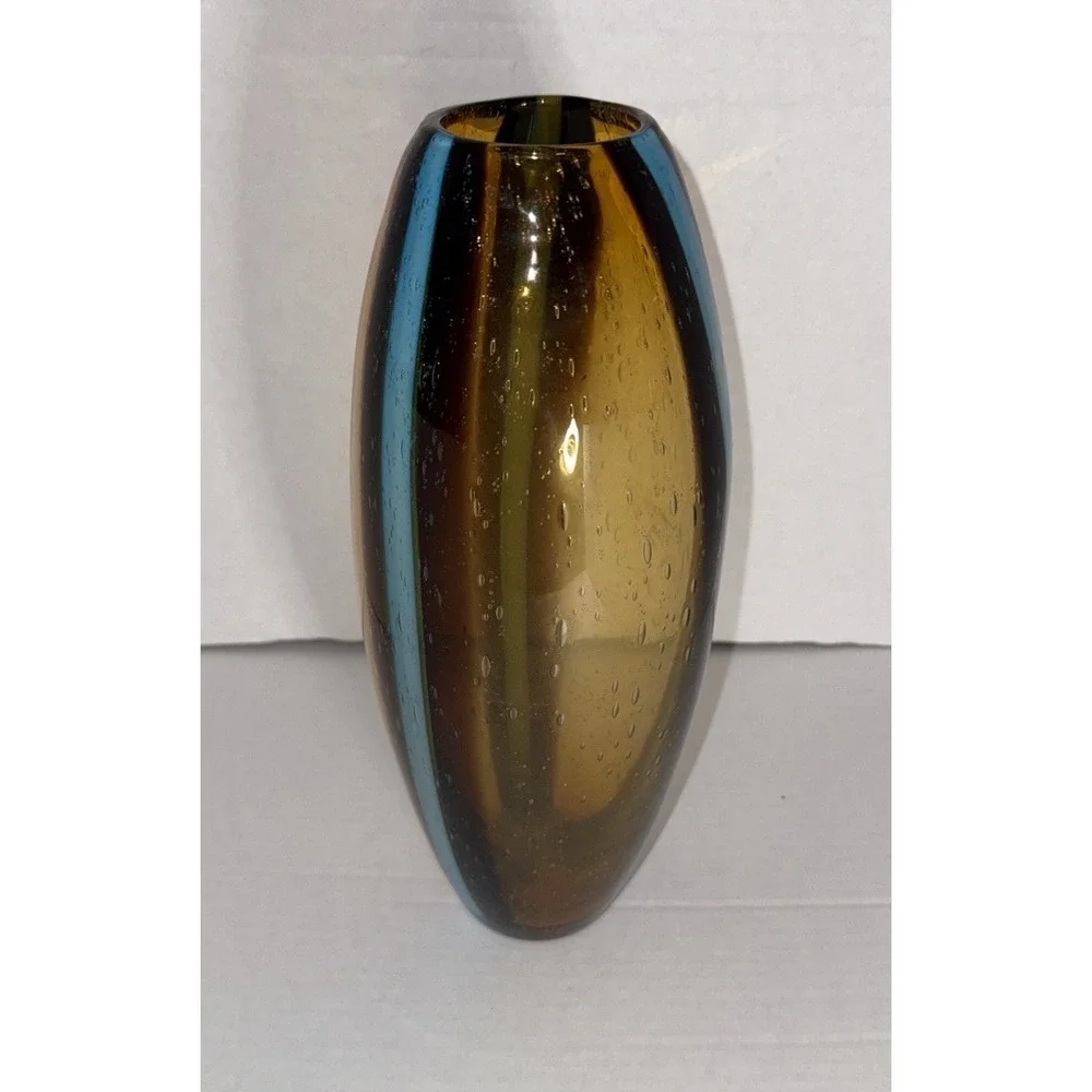 Pier One Art Glass Hand Blown Glass Amber Blue Stripe Bubble Vase 13